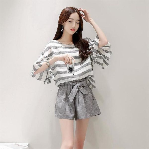 

women's summer clothes 2020 new suit fashion casual loose stripe two piece set woman short sleeve + shorts two-piece tracksuit, Gray