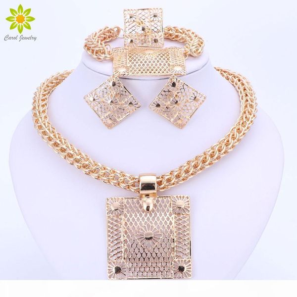 

fashion jewelry sets big square pendant necklace designers bracelet ring dubai gold plated african costume jewelry sets for women, Slivery;golden