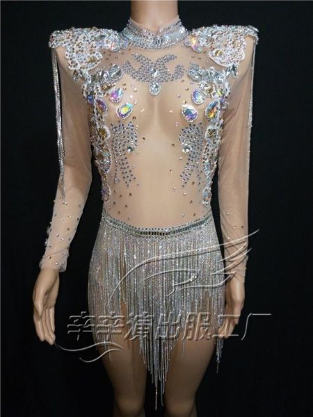

shining big crystals mesh bodysuit sparkly rhinestone fringes party dj nightclub singer stage performance dance costume, Black;red