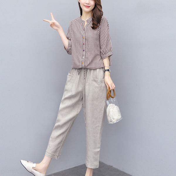 

rzhgh fashionable striped suit for women 2020 wide leg pants cotton linen summer new medium sleeve loose casual two-piece cotton linen wide, Gray
