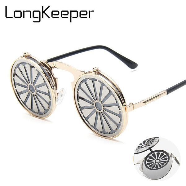 

vintage steampunk flip sunglasses cool round metal frame sun glasses for men women brand designer circle glasses oculos uv400, White;black