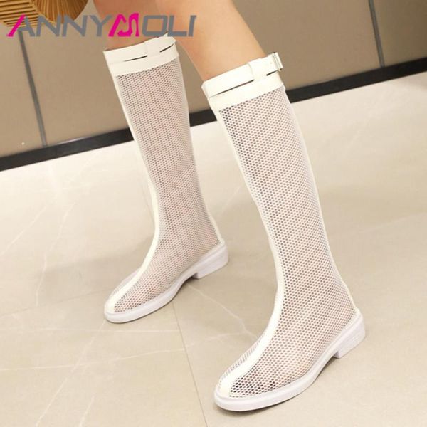 

annymoli knee high boots flat platform woman boots zip cutouts long buckle round toe ladies shoes summer white big size 43, Black