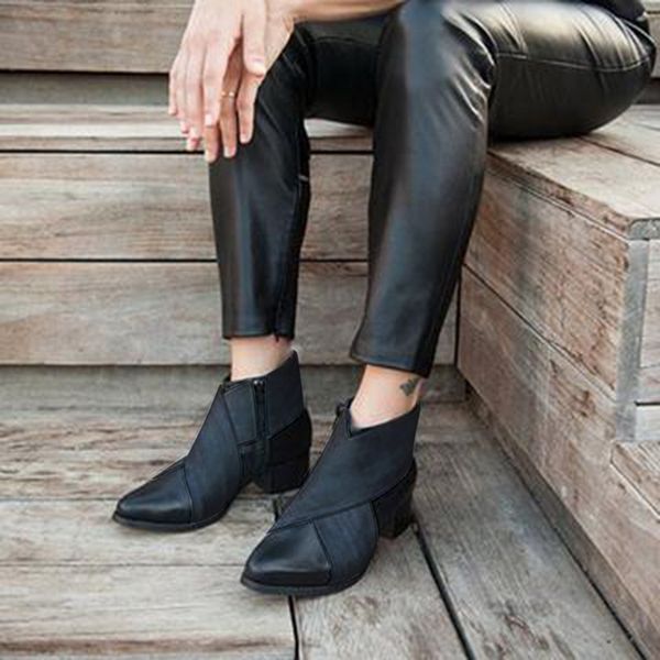 

2020 new fashion chunky square heel elastic strap leather bandage ankle boots durable shoes for women plus size classic female, Black