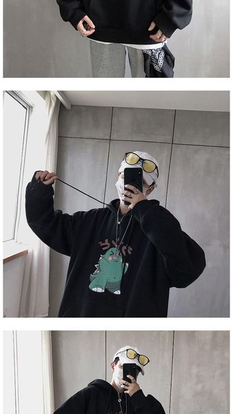 

men's autumn and winter funny animation cartoon letter printing long sleeve plush hooded thin sweater men's couple coat, White;black