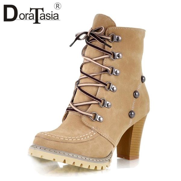 

doratasia ladies fashion concise metal decorating boots high heels boots women sewing platform ankle shoes woman, Black