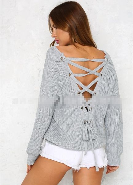 

2019 new spring autumn backless lace up sweater fashion knitted sweater long sleeve pulloves mix colors, White;black