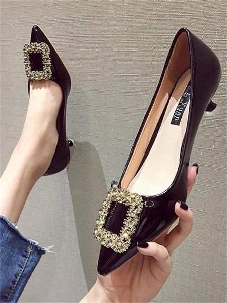 

summer shoes ladies shallow mouth elegant female footwear 2020 fashion women's autumn crystal pointed toe dress modis fall, Black