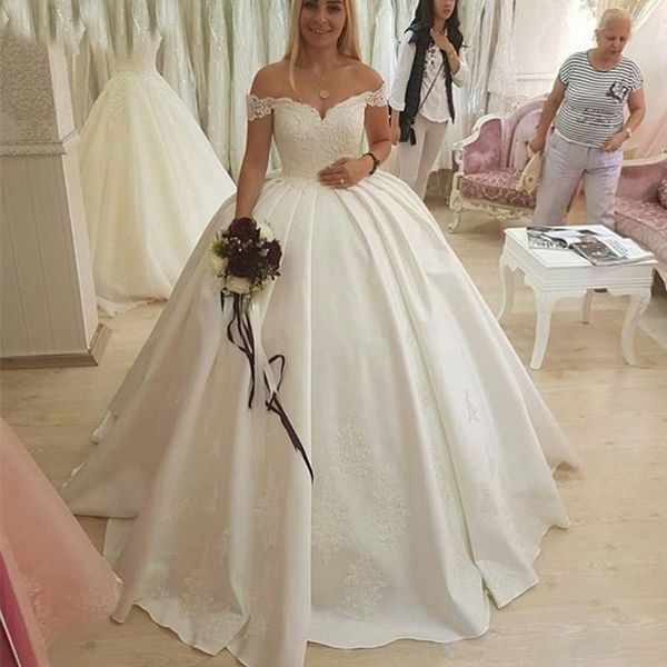 

элегантный аппликация атласная свадебные платья off плеча backless невесты платья развертки поезд свадебные платья выполненный на заказ, White