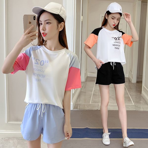 

2020 summer new short-sleeved t-shirt + shorts fashion women set lady suit female two-piece sports sets casual loose big-size, Gray