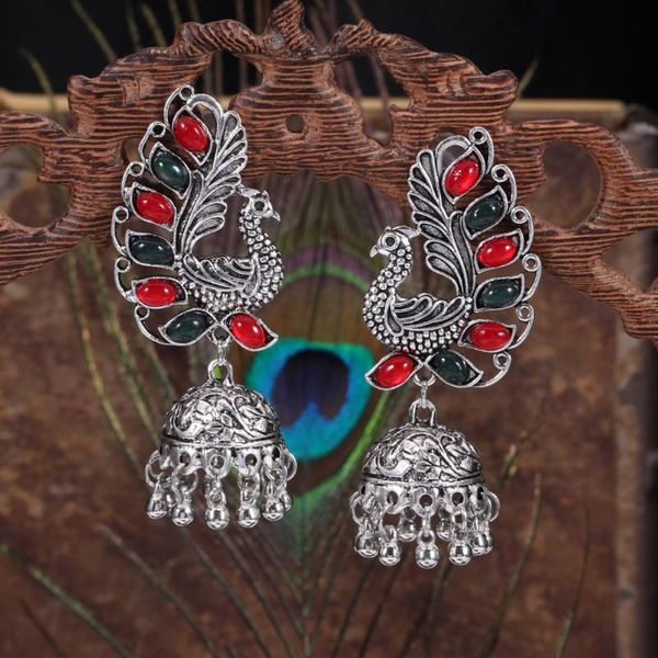 

retro bollywood kundan peacock jhumka jhumki drop earrings gypsy jewelry, Silver