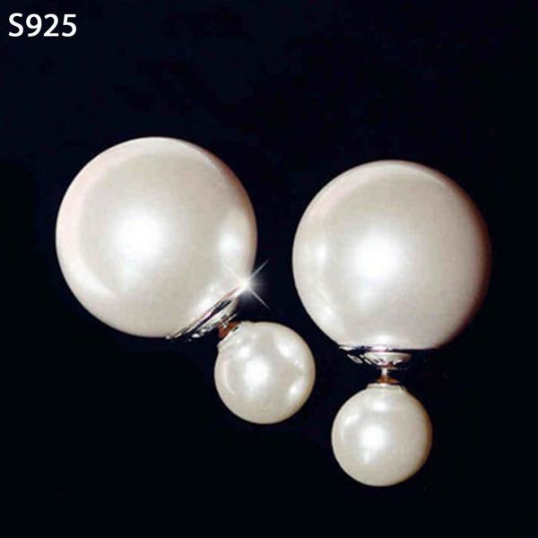 

genuine real pure 925 sterling solid silver stud earrings for women jewelry female double sided big white shell pearl earrings, Golden;silver