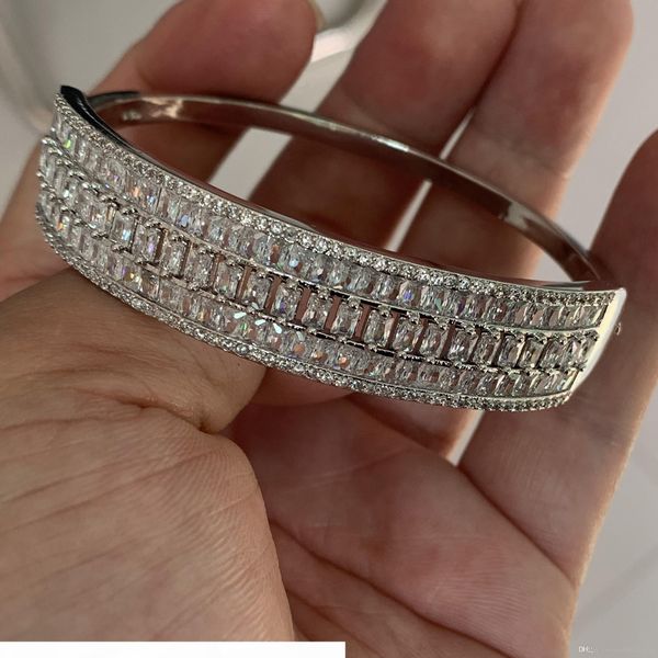 

e three rows princess cut white clear z shinning jewelry 925 sterling silver circle bangle cz diamond gemstones lucky women bracele, Black