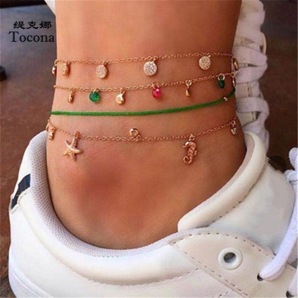 

4pcs/sets tassel anklets for women sea hippocampus stargish colorful crystal stone feet bracelets jewelry gift c04109, Red;blue