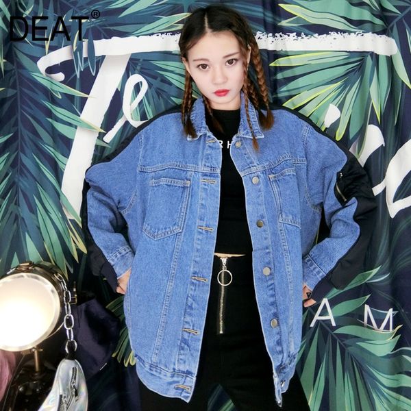 

deat] loose fit blue patchwork hit color denim jacket new lapel long sleeve women coat fashion tide spring autumn 2020 13t073, Black;brown