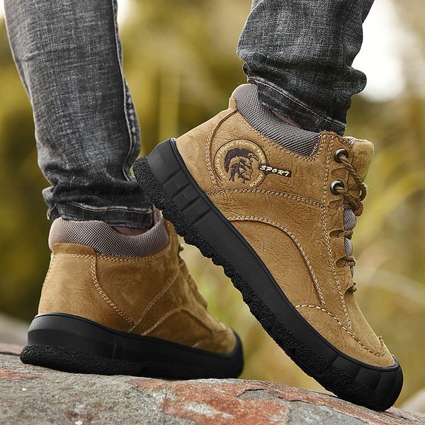 

super warm waterproof boots men plus size natural leather snow boots fur plush lace up outdoor winter shoes men, Black