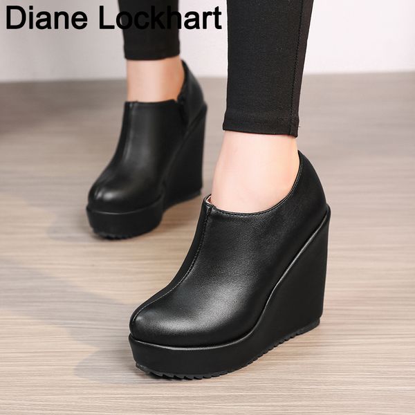 

large size 32-43 woman ankle boots wedges shoes 2020 autumn winter new stylish platform round toe wedges boots botas mujer, Black