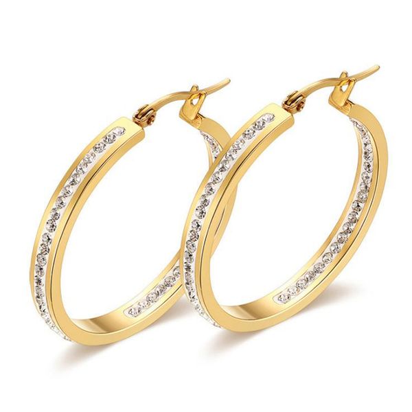 

fashion titanium steel inner&outer inlaid shine rhinestone circular hoop earrings for women gold plating earrings jewelry gifts, Golden