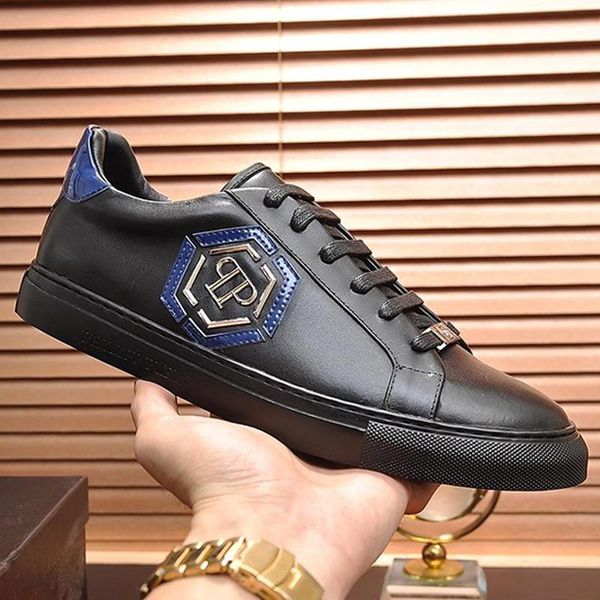 

luxury men casual shoes lo -sneakers hexagon mens shoes casual luxury chaussures pour hommes fashion sneakers shoes flats leather design, Black