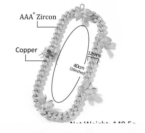 

e hip hop micro setting zircon butterfly 12mm cuban necklace fashion personality men and women 's clavicle chai, Silver