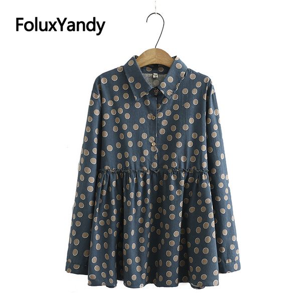 

dot print blouses women autumn shirts plus size turn-down collar loose long sleeve blouse shirt brown blue kkfy4786, White