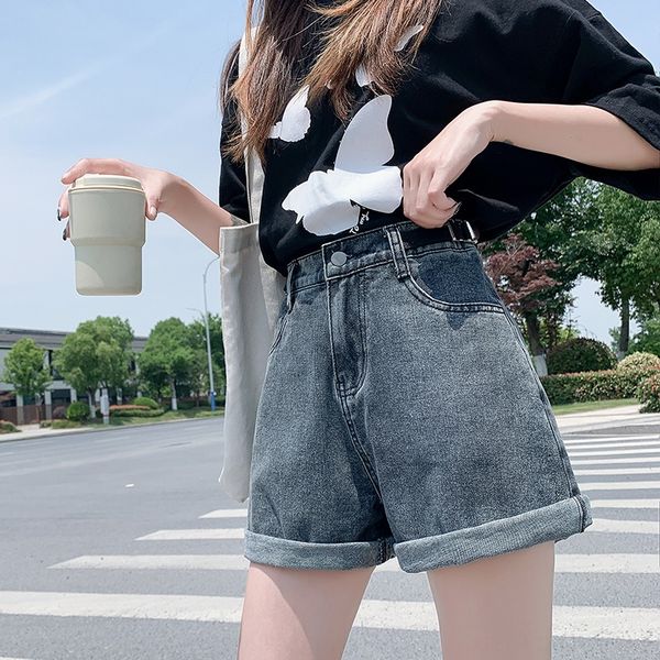 

aadfn shorts women's summer loose 2020 new korean style black denim high waist large shorts pants size casual three-point pants for, Blue