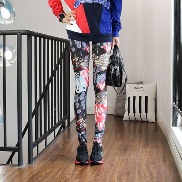 

2020 women leggings high waist cartoon comic polyester beauty polyester print trousers soft, Black