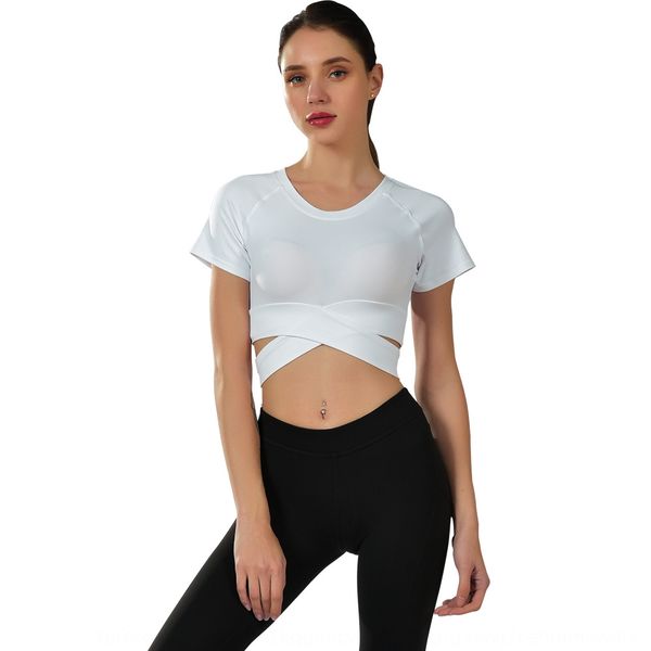 

slim-fit short-sleeved yoga t-shirt suit navel gathering running tight sports yoga t-shirt for women, Black