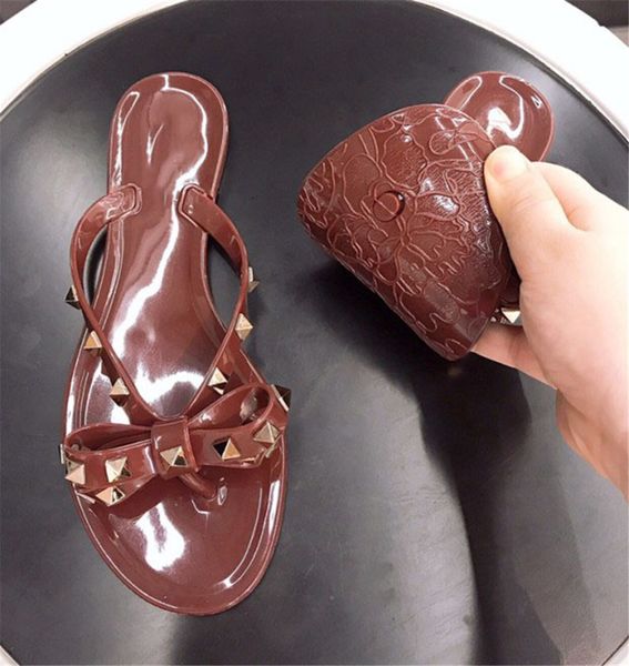 

women designer sandals rivets brand bow knot flat luxury slippers studded girl shoes cool beach jelly platform slides lady flip flops cs02, Black