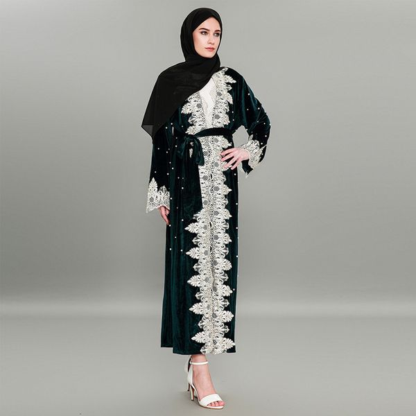 

plus size 2019 abaya kimonos dubai turkish women long velvet lace beading patchwork cardigan islamic prayer clothing with hijabs