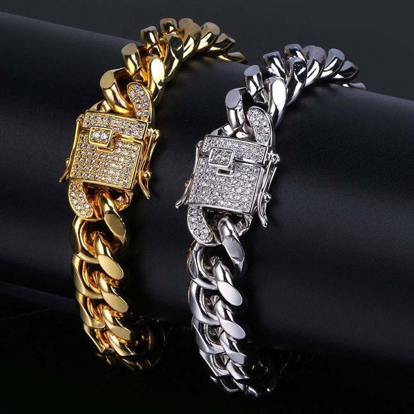 

hip hop cz zircon paved lock bling ice out cuban miami curb link chain bracelets for men rapper jewelry gold silver color, Black