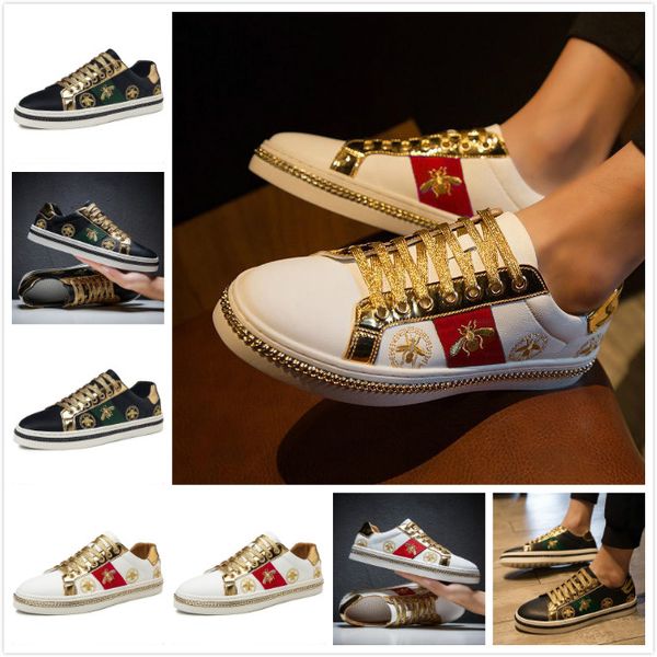 

2020 men's casual shoes men black sneakers microfiber leather golden bee embroidery breathable shoes