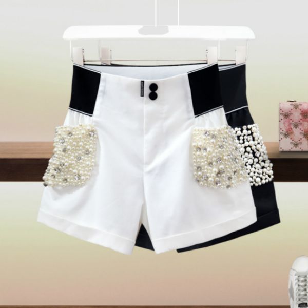 

fashion pearls beading women shorts stretchy waist women bead work shorts lady high waist pearl short pants, White;black
