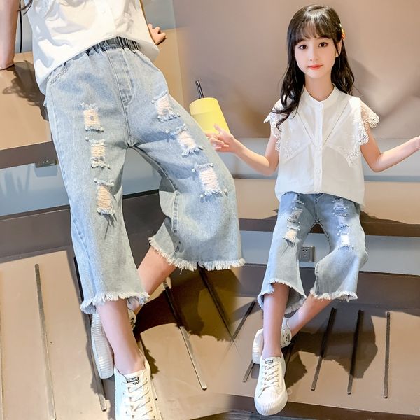 

jmaf2 girls' seven-point jeans clothing jeans children's wide leg crawler 2020 children's pants girls' pearl wide-leg pa, Blue