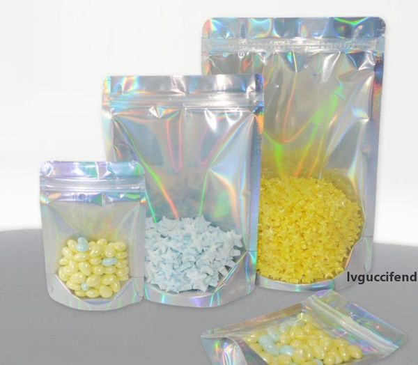 

holographic color mylar bags stand up smell proof bags clear front with aluminum foil back food storage plastic packaging bag