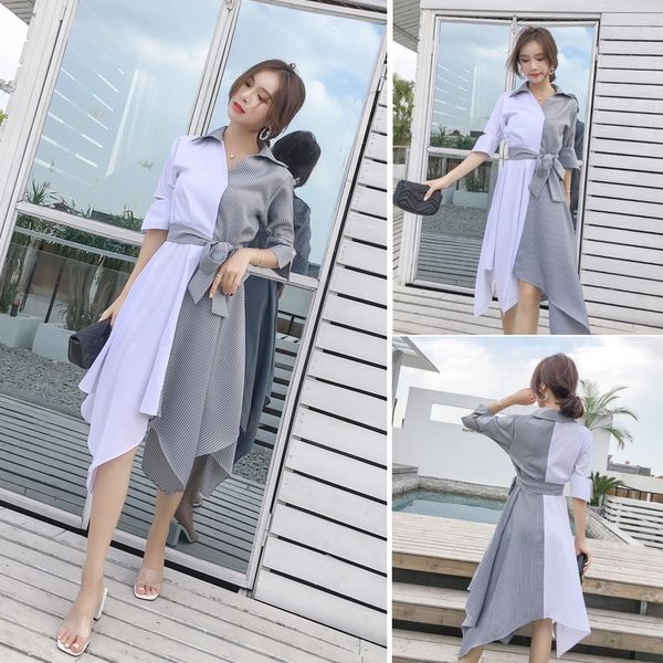 

summer 2020 new loose korean style cold style dress women's mid-length waist slimming super fairy stitching dress, Black;gray