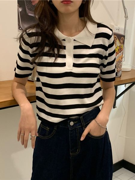 

0nsph summer korean underwearunderwearstylestyle polo collar striped all-match short sleeve knitted loose women's ins summer korean und, White