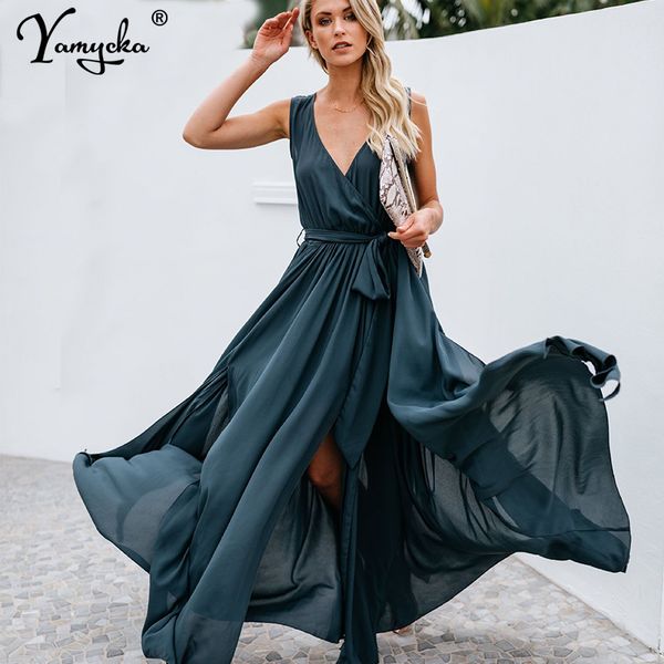 

women strap maxi dress v neck backless chiffon bandage beach party dress elegant summer boho long vestidos 2020 new, Black;gray