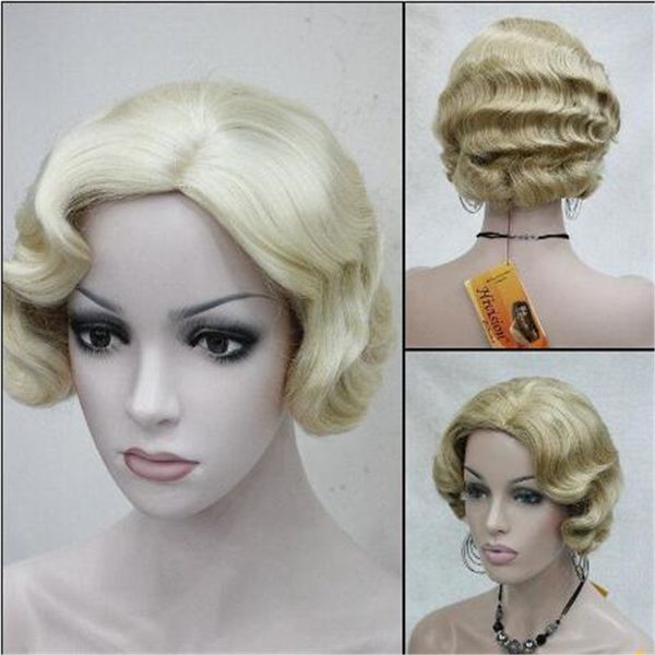 

fashion ladies vintage short blonde curly wavy natural hair wigs, Black