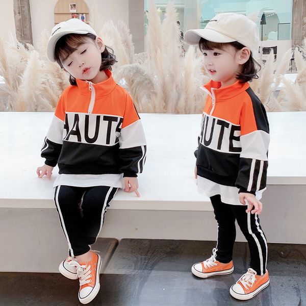 

kids designer clothes 2020 spring and autumn new letter color matching fake two-piece sweater leggings suit for girls sports suit