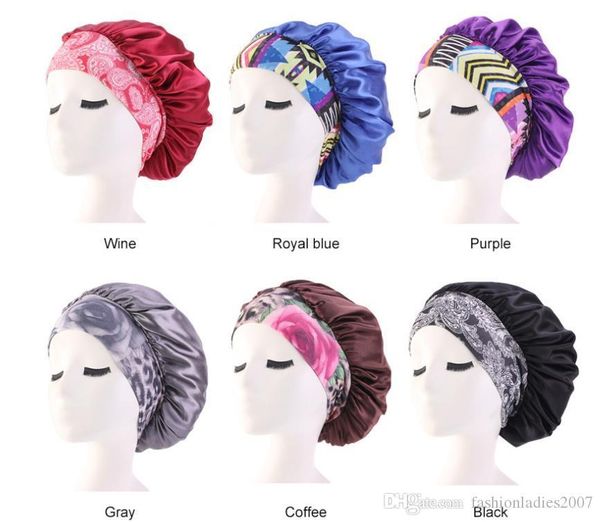 

women satin night beauty salon sleep cap cover hair bonnet hat silk head wide elastic band for curly springy hair chemo cap, Blue;gray