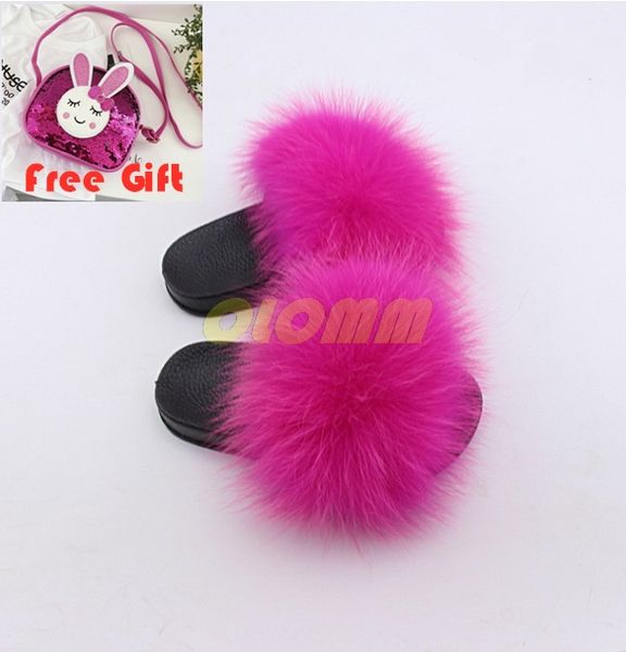 

kids fur slippers fluffy raccoon fur slides furry real flip flops flat children shoes girls sandals wallet shoes set, Black;grey