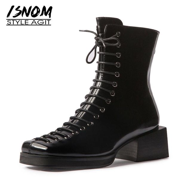 

isnom square toe ankle boots ladies cross tie chunky heel booties aautumn winter boot platform shoes women cozy med heels shoes, Black