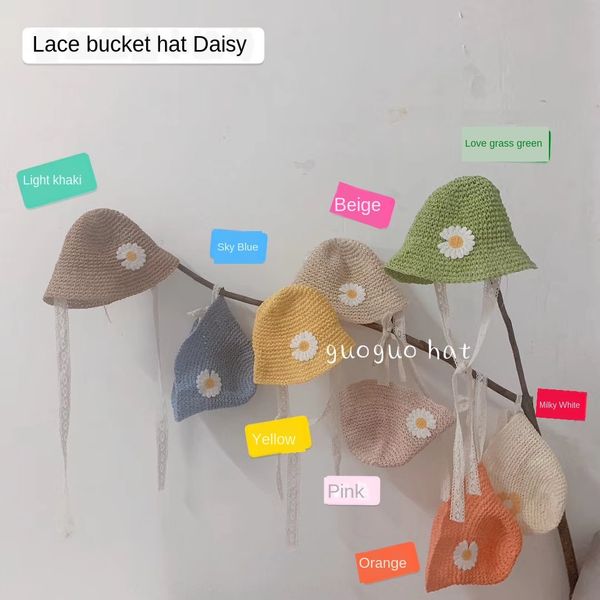

children's straw sunscreen summer new lace daisy straw women's korean all-match sunscreen hat candy-colored basin hat, Blue;gray