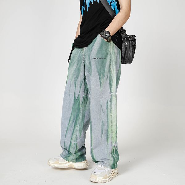

graffiti wide leg jeans streetwear baggy denim jeans hip hop tie dye jeans pants vintage distressed colored denim trousers, Black