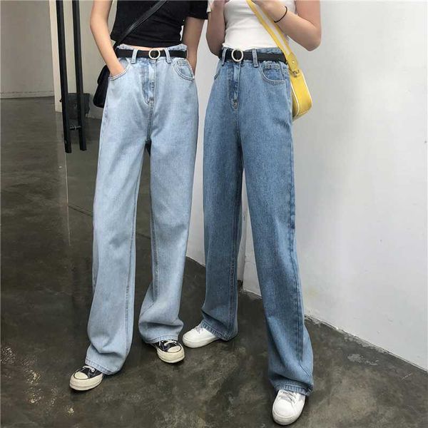 

korean version of the retro high waist jeans ladies plus size casual loose wide leg pants fashion wild trend trousers plus size, Blue
