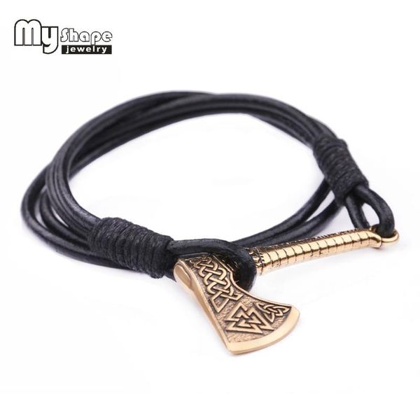 

my shape braided leather bracelet scandinavian viking jewelry odin 's symbol axe pendant men's bracelets jewelry fashion, Golden;silver