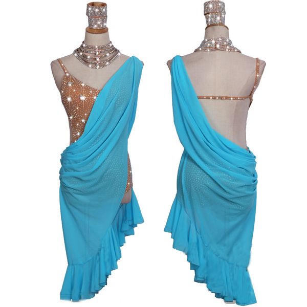 

new latin dance rhinestone bodysuit lake blue salsa dress dancing competititon dresses for women professional dance clothes, Black;red