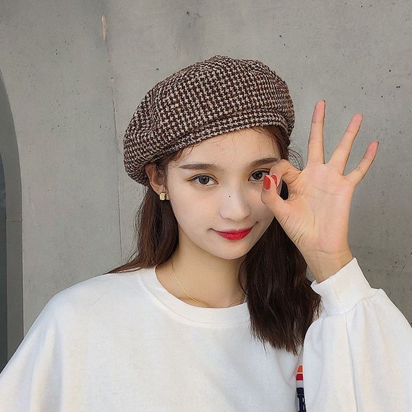 

female season korean painter's hat beret style all-match british plaid beret sweet cute painter hat, Blue;gray