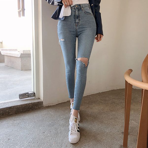 

korean version of the new ultra-thin cut large long legs high waist pencil pencil jean, Blue