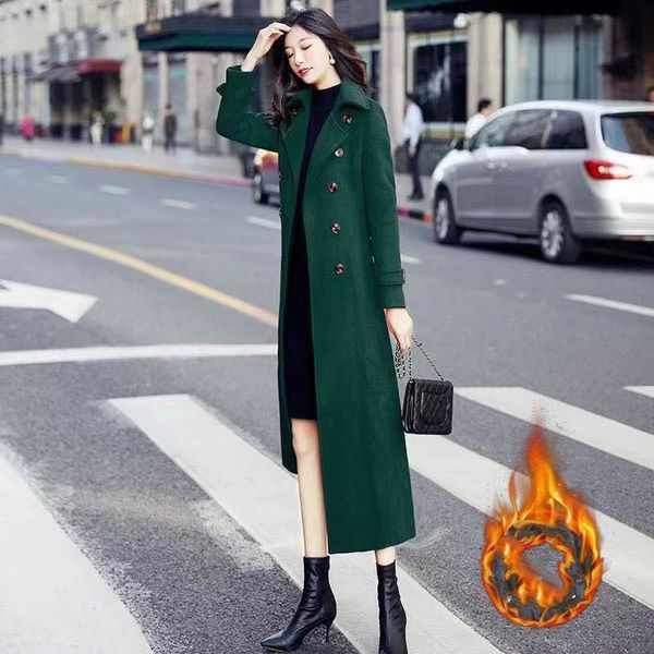 

women's wool & blends women 2021 winter x-long woolen coat female fashion thicken warm button plus size outwear ladies slim overcoat wi, Black